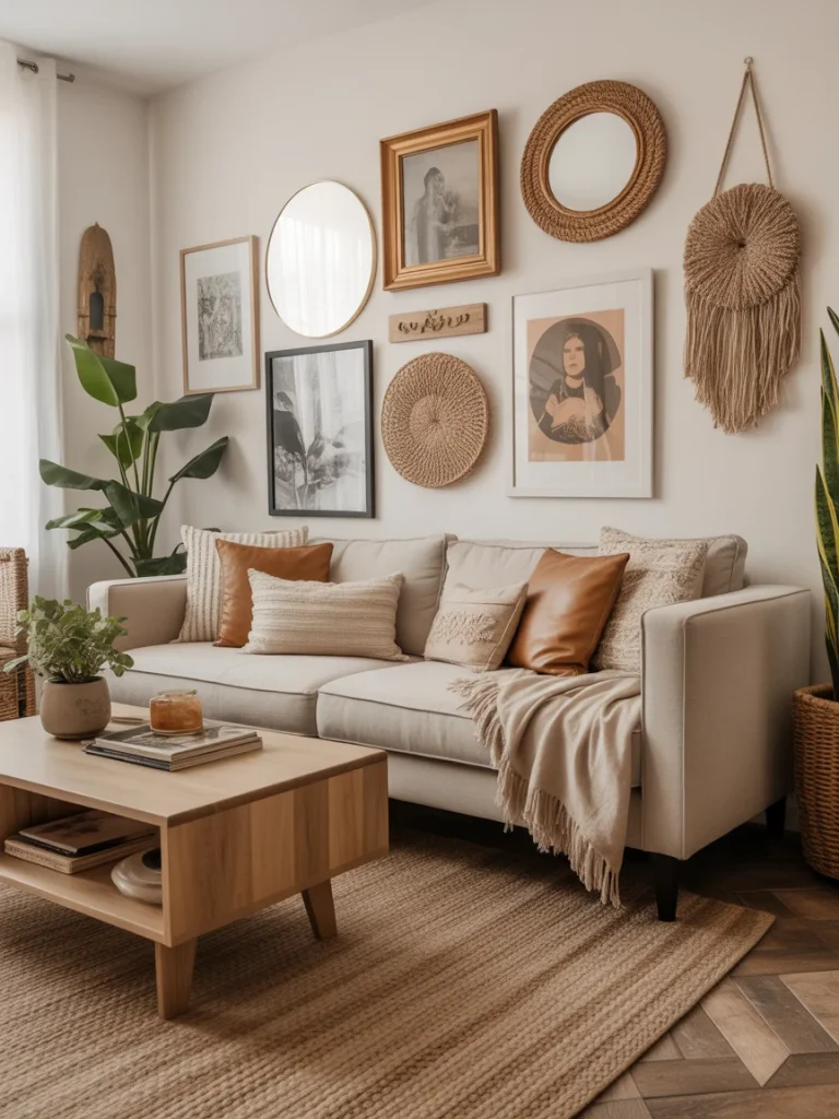 Boho living room with gallery wall of art, mirrors, and woven decor.