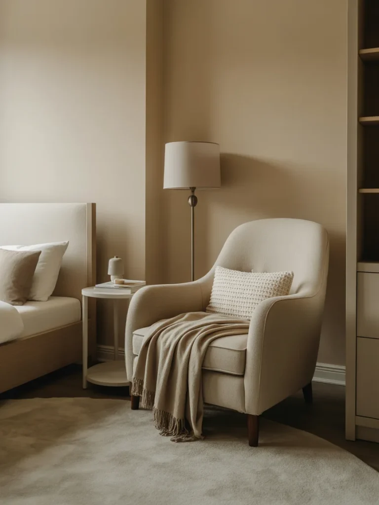 Neutral bedroom reading nook with cozy armchair and soft lighting.
