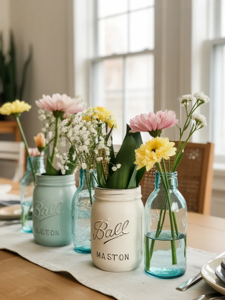 DIY spring centerpiece with fresh flowers arranged in mason jars on a dining table.