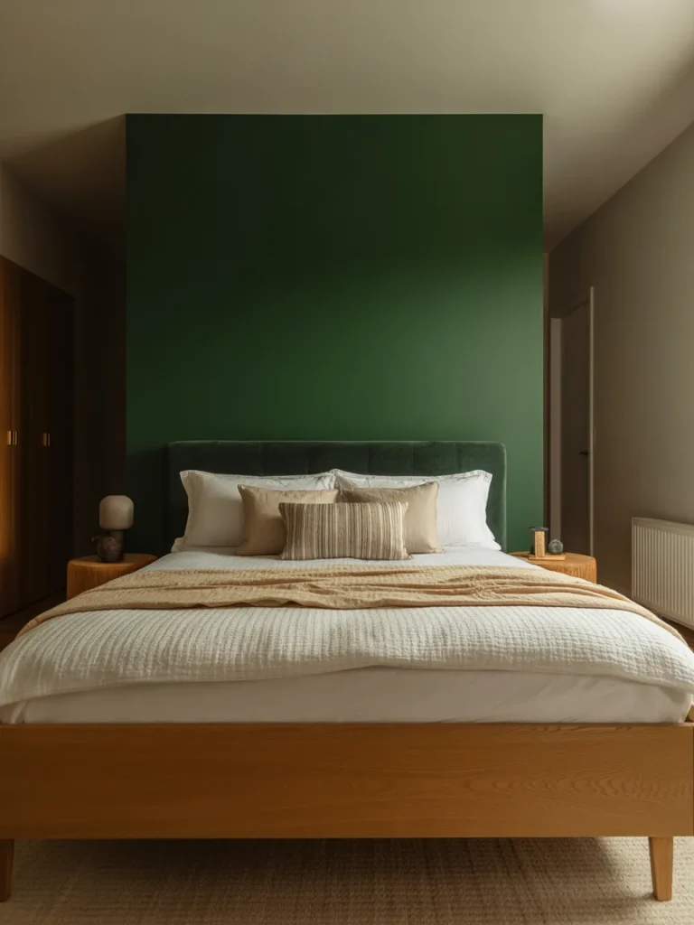 Bedroom with dark green accent wall, wooden bed frame, and neutral bedding.