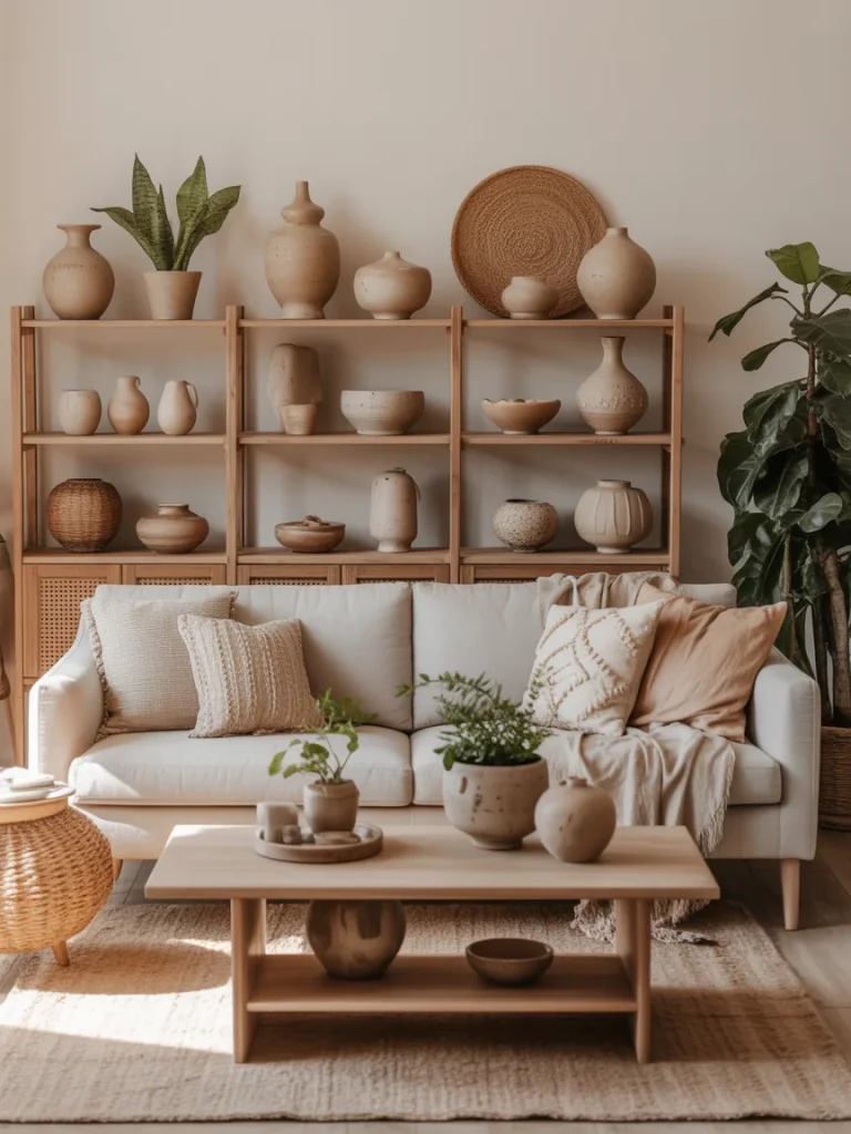 Boho living room decorated with handmade ceramic vases on wooden shelves.