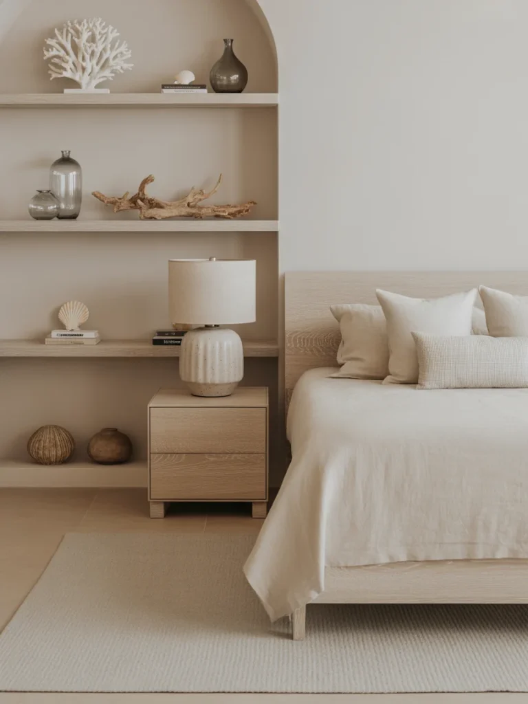 Modern coastal bedroom with minimal coastal accessories and neutral decor.