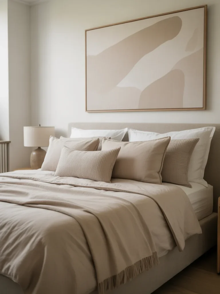 Neutral bedroom with beige bedding and minimalist abstract wall art above the bed.
