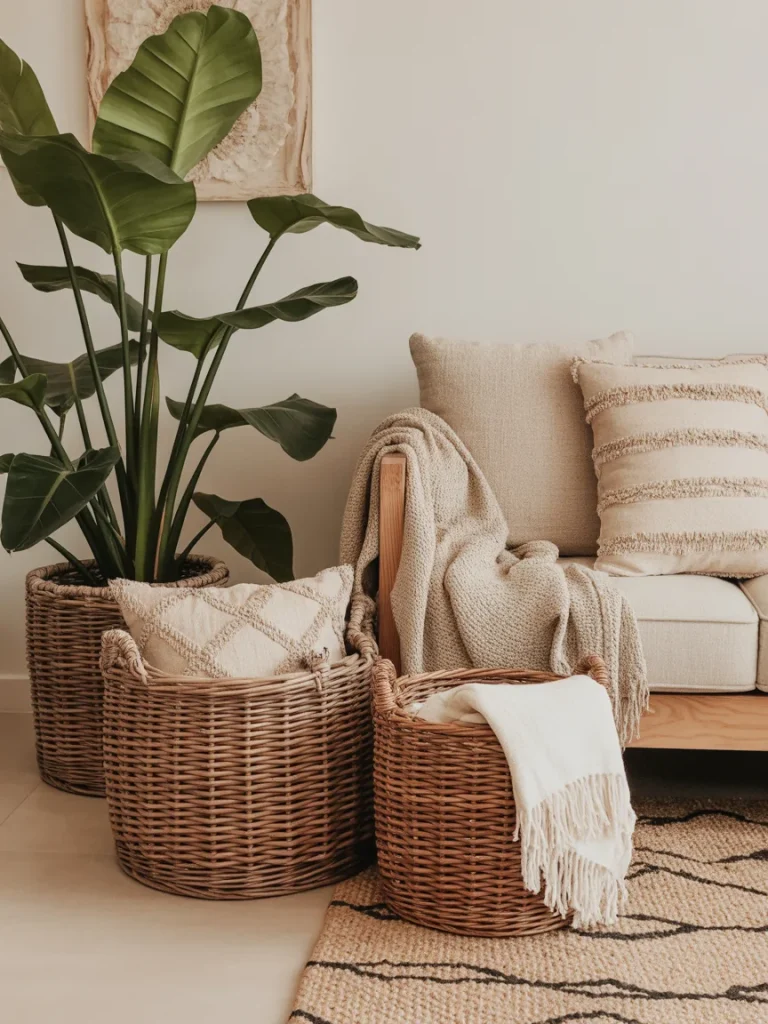 Boho living room corner with woven baskets, plants, and neutral decor.