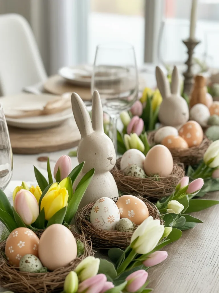 Easter-inspired spring centerpiece with bunny figurines, decorative eggs in nests, and pastel tulips arranged along a dining table.