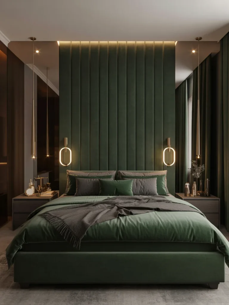 Emerald green luxury bedroom with velvet accent wall and modern pendant lighting.