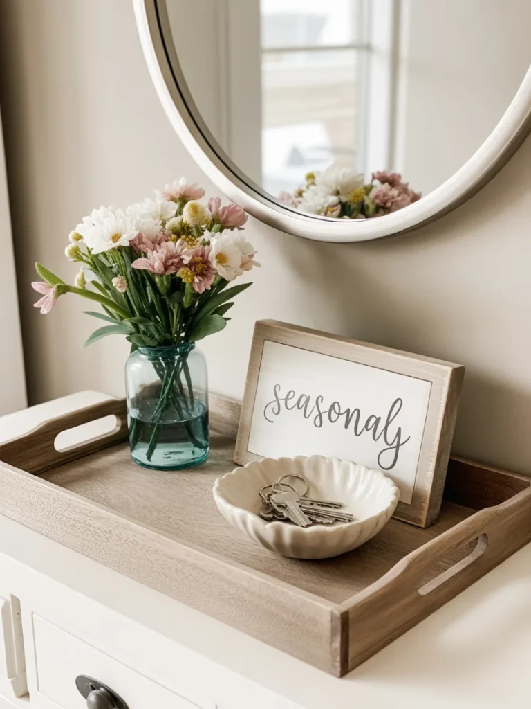 Entryway spring tray with flowers, keys, and seasonal decor.