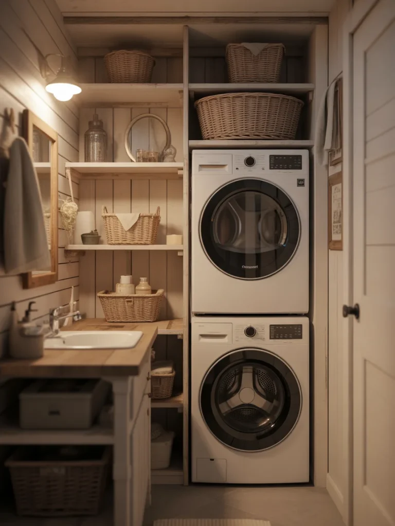 Farmhouse-style bathroom laundry with stacked washer dryer and wooden shelves.