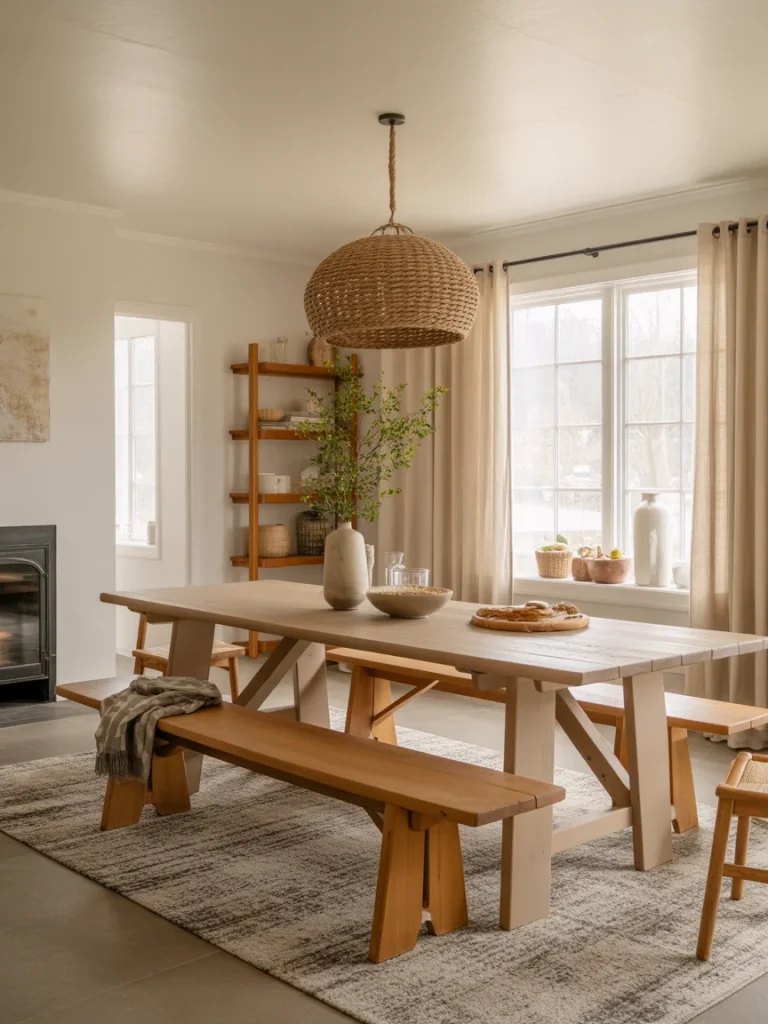 Farmhouse dining room with wooden bench seating and rustic table.