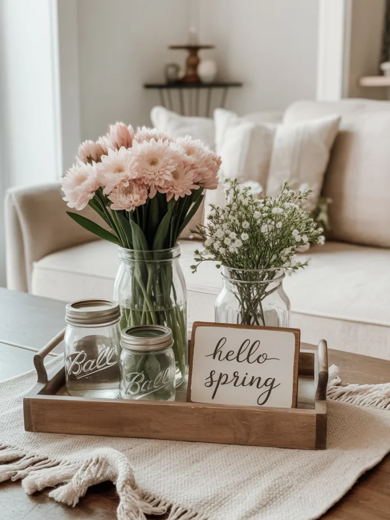 Farmhouse spring tray decor with flowers, mason jars, and hello spring sign.
