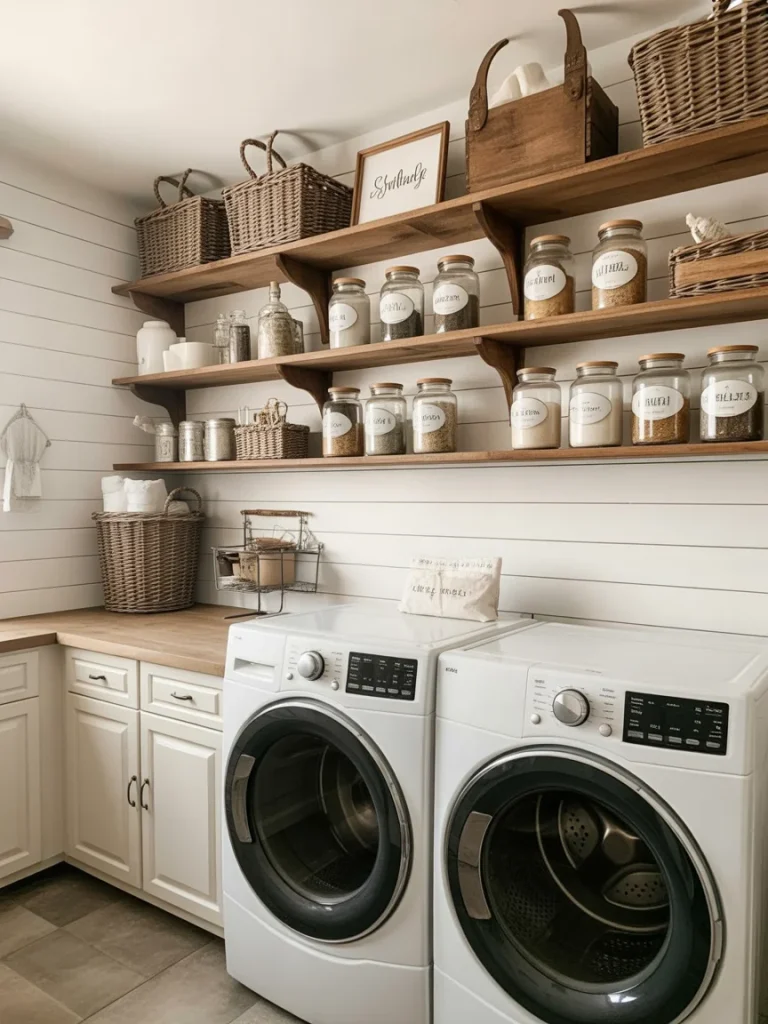 Farmhouse-style laundry room with wooden open shelves, labeled jars, and wicker baskets.