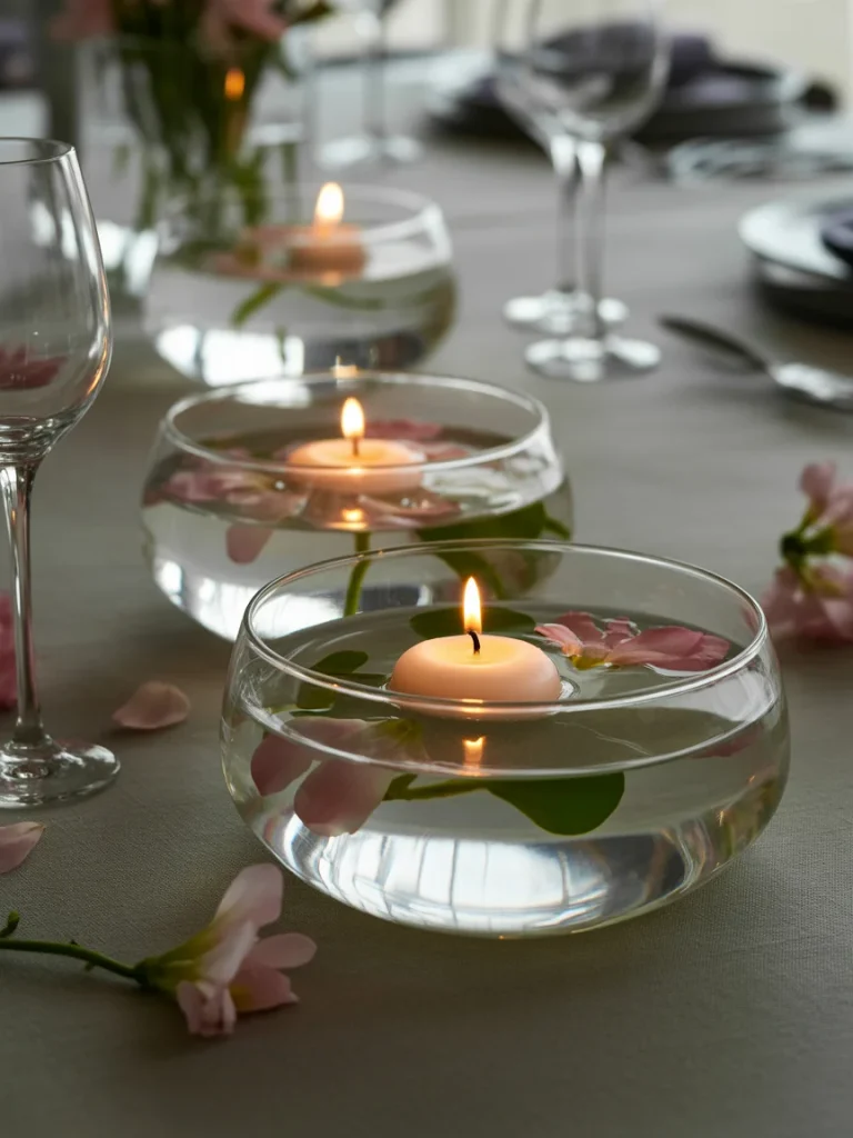 Floating candle centerpiece with pink flower petals in clear glass bowls on a dining table.