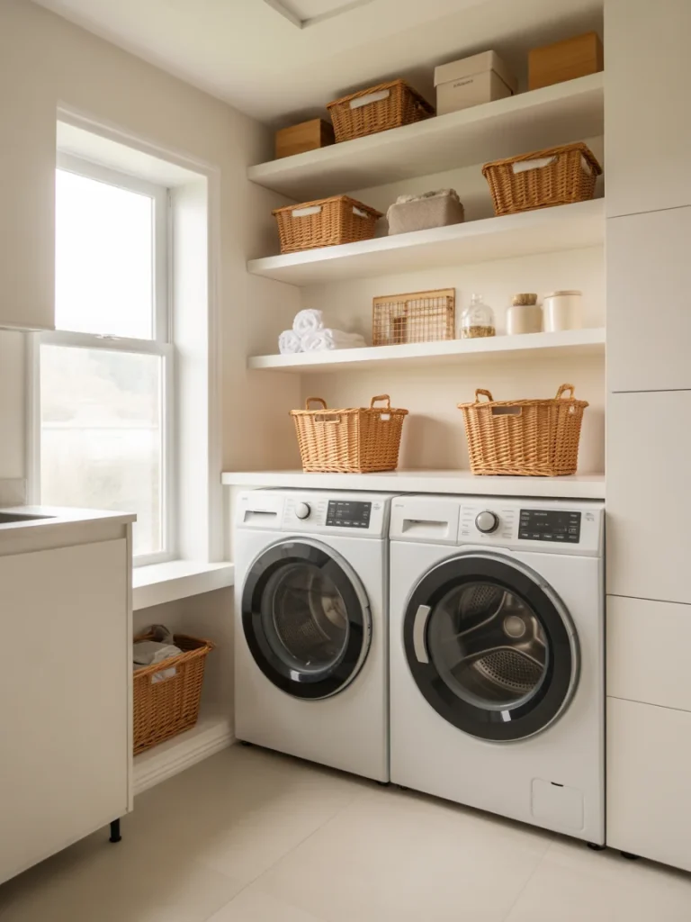 Laundry room with floating open shelves above washer and dryer and wicker baskets.