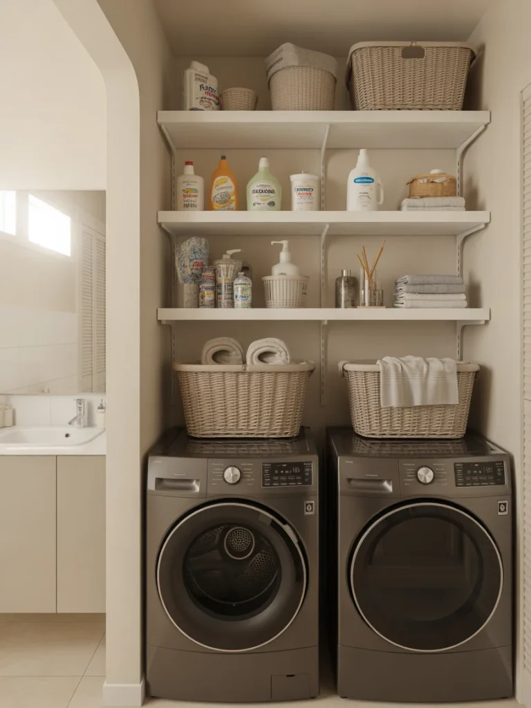 Laundry area with washer dryer and floating shelves for storage.