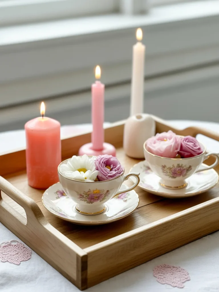 Floral teacup tray with candles and pastel flowers.