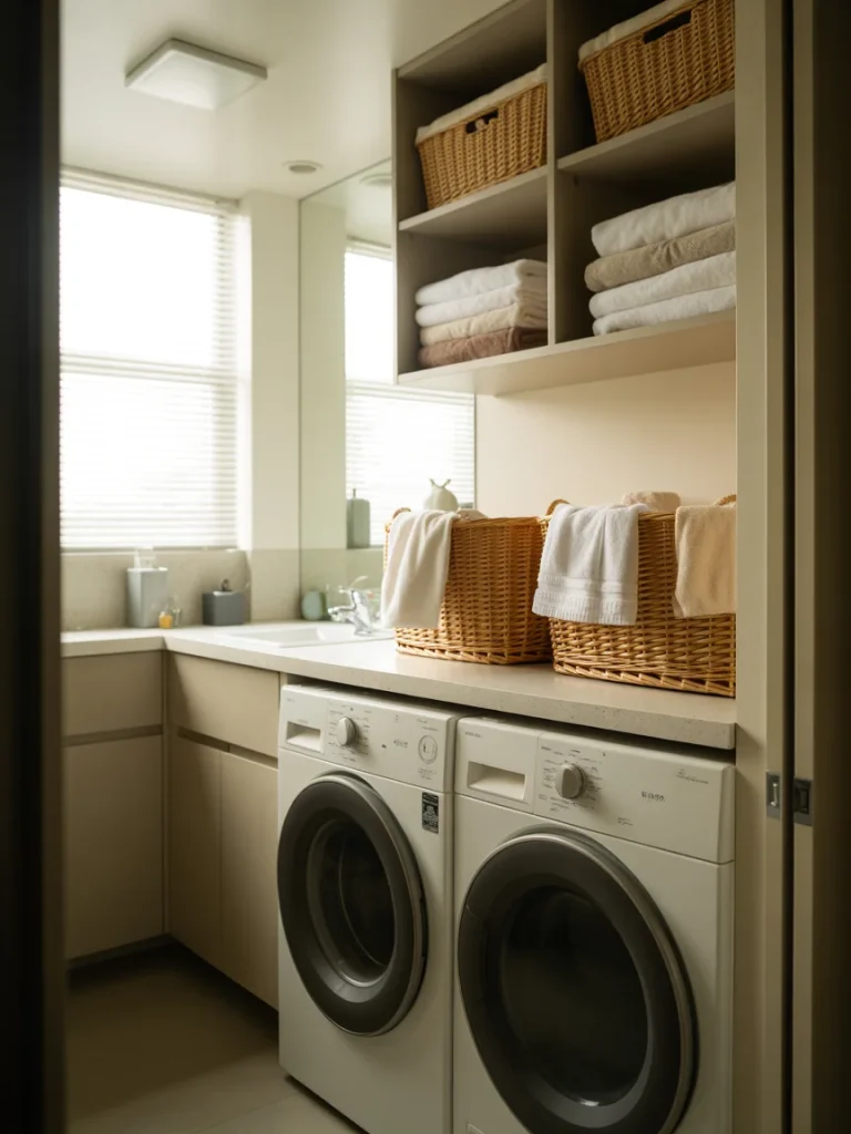 Laundry folding station above washer and dryer with storage shelves.