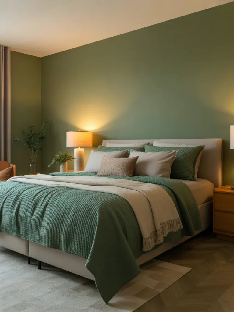 Bedroom styled with forest green bedding and neutral accent pillows.