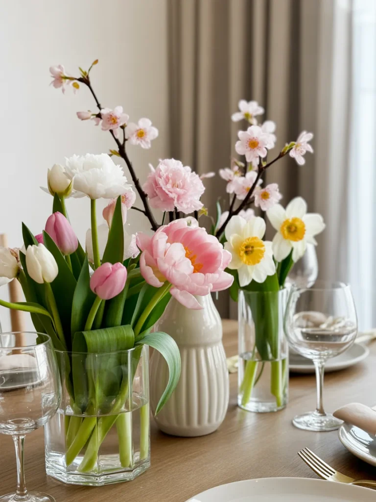 Fresh spring floral arrangements with tulips, peonies, and daffodils displayed in glass and ceramic vases on a dining table.