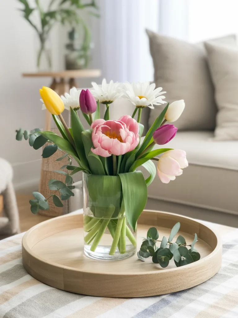 Fresh flower centerpiece tray with tulips and daisies in glass vase.