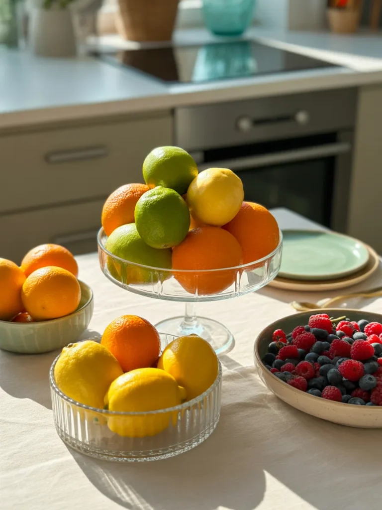 Fruit-inspired spring centerpiece with lemons, limes, and oranges displayed in glass bowls on a bright kitchen table.