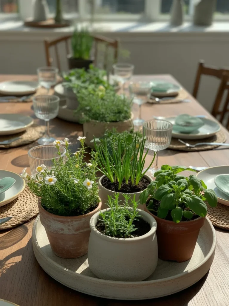 Garden-inspired spring centerpiece with potted herbs and flowers arranged on a tray on a dining table.