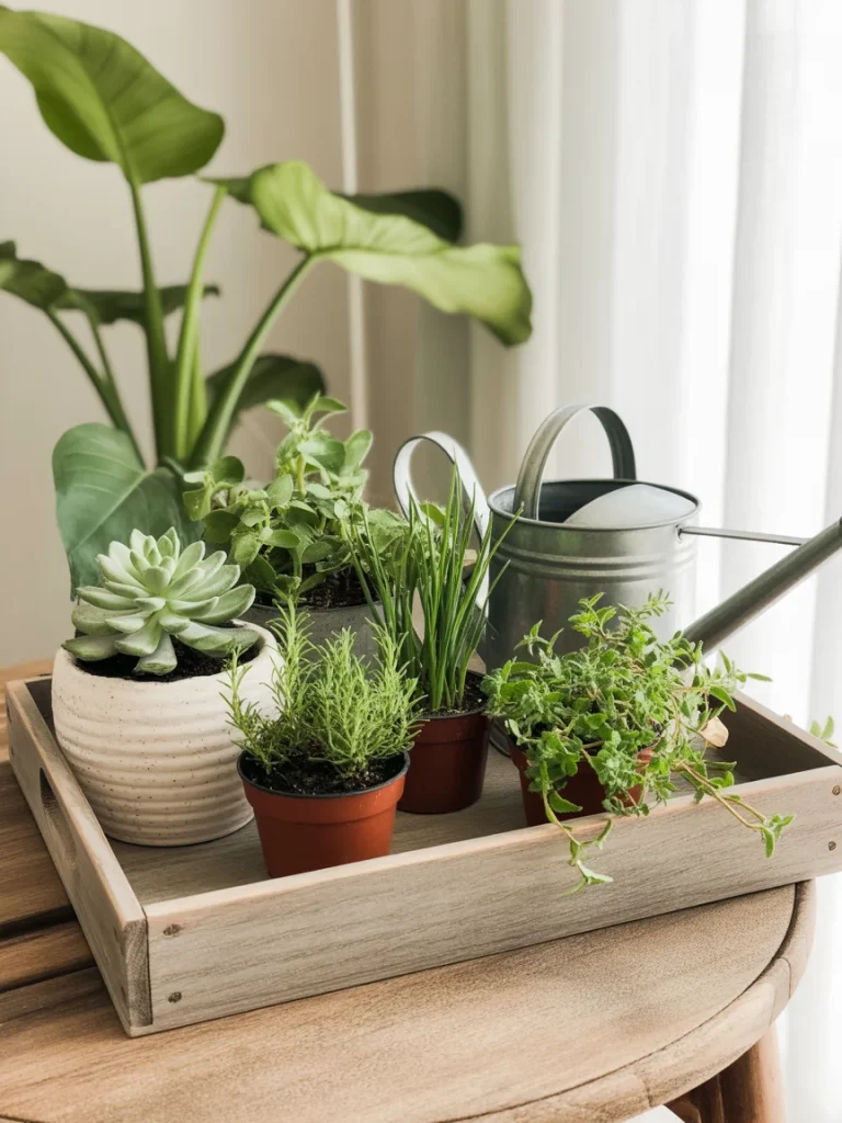 Garden-inspired tray with potted plants and watering can.