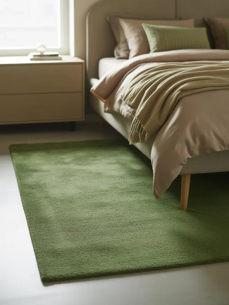 Bedroom with green area rug adding subtle color and warmth.