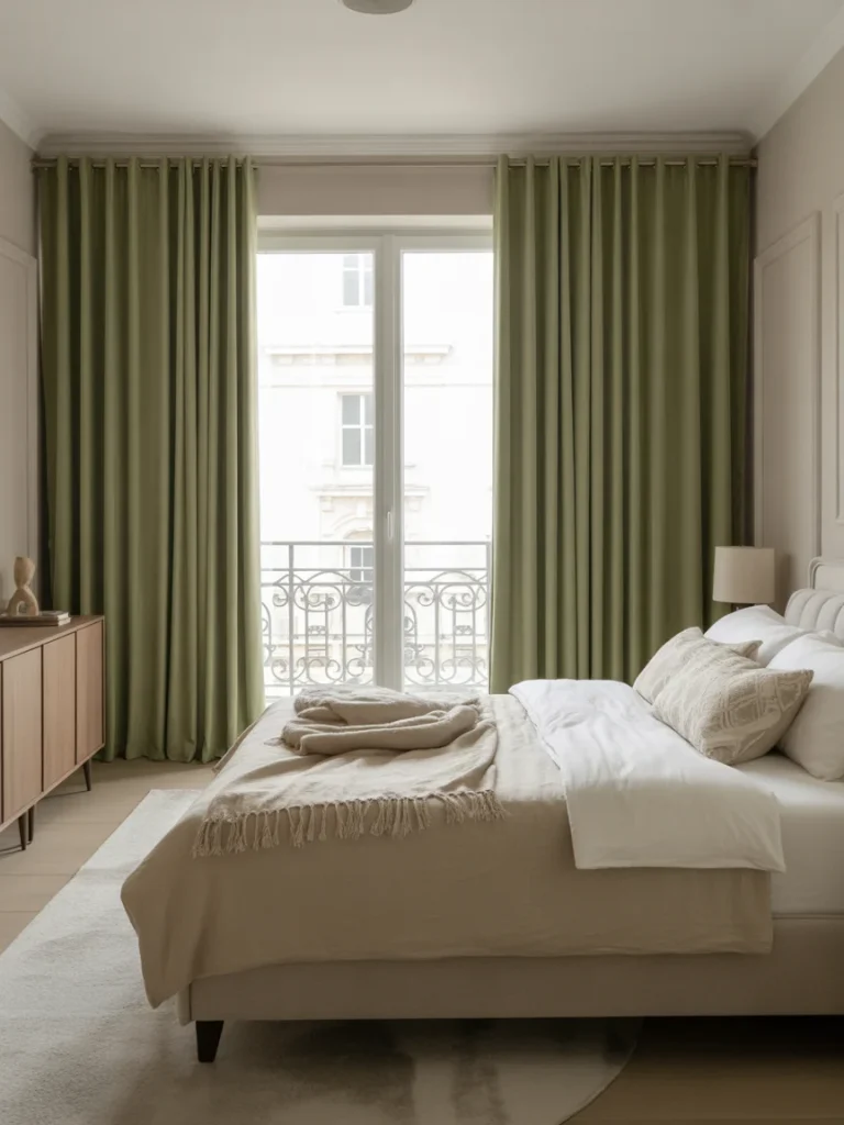 Bedroom with soft green curtains and neutral minimalist decor.