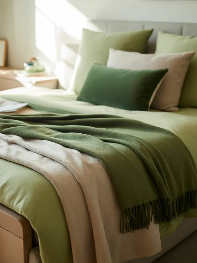 Bed styled with green throw pillows and layered green textiles.