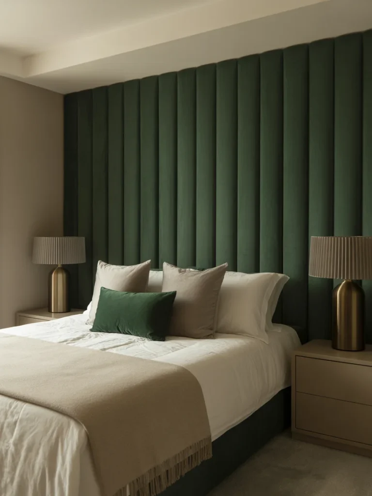 Bedroom with green velvet headboard statement wall and modern bedside lamps.
