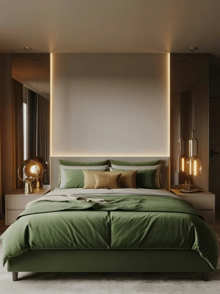 Bedroom with green bedding and elegant gold lighting accents.