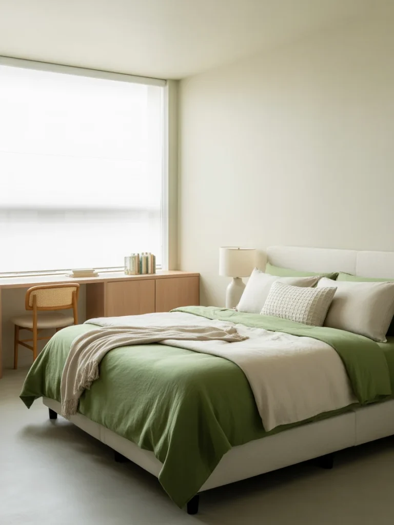 Bedroom with green and white color palette and minimalist decor.