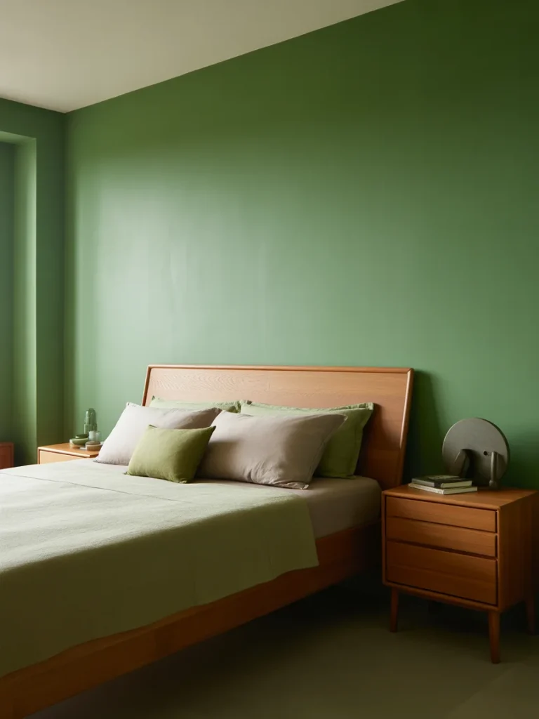 Green and wood modern bedroom with wooden bed and minimalist decor.