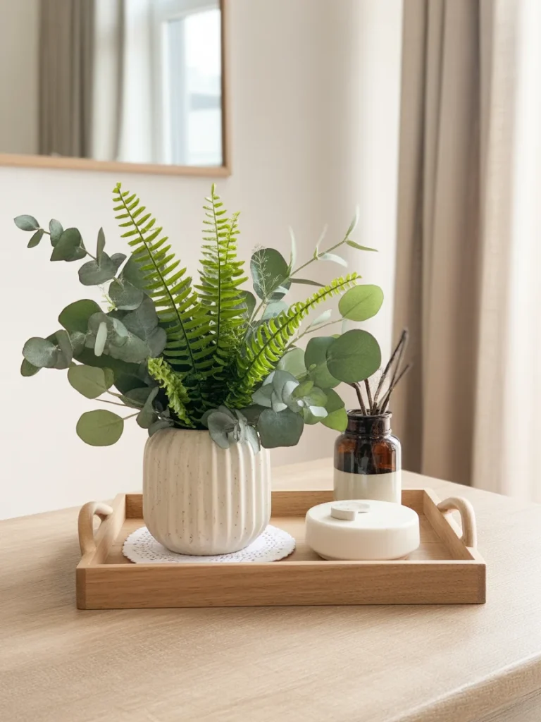 Greenery-focused tray with fern, eucalyptus, and minimalist decor.