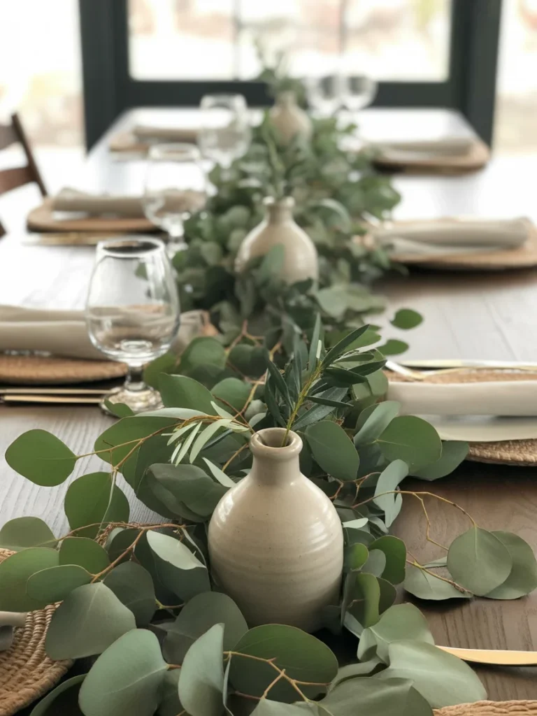 Greenery and eucalyptus table styling with ceramic vases and a lush eucalyptus garland centerpiece.