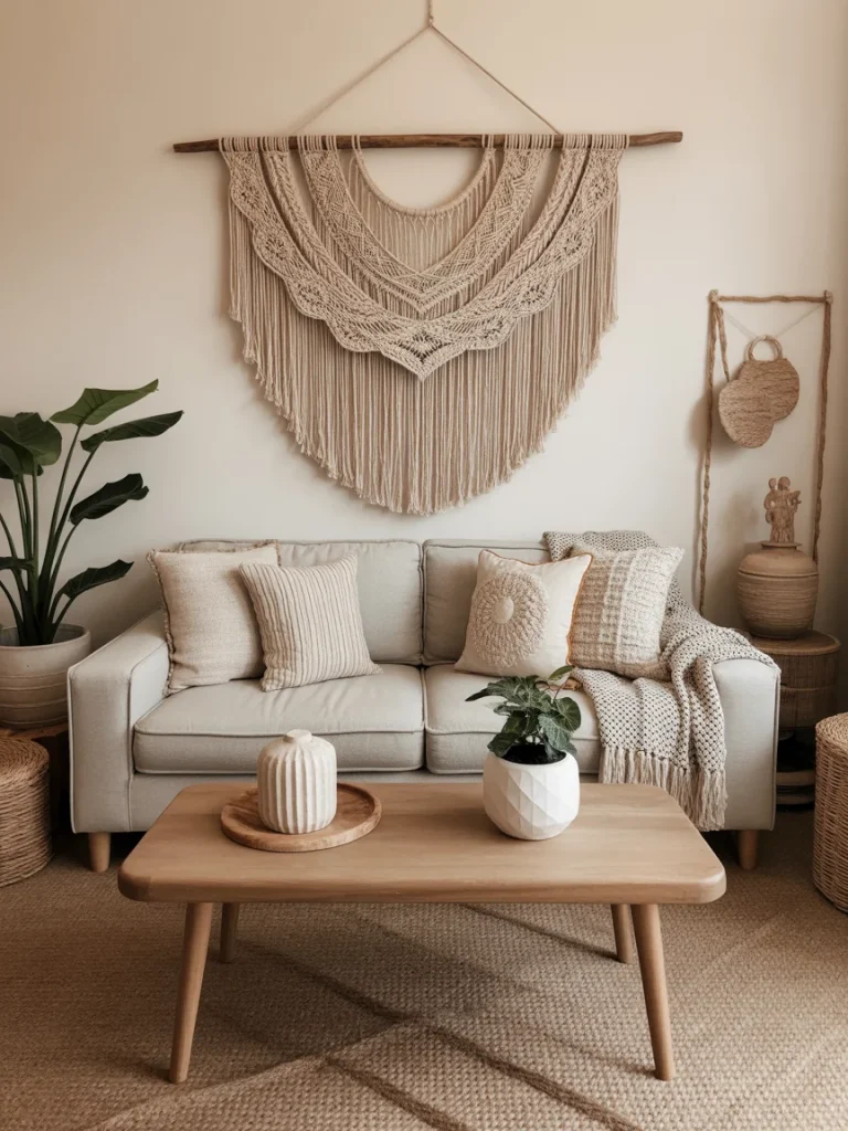 Boho living room with macramé wall art above neutral sofa.