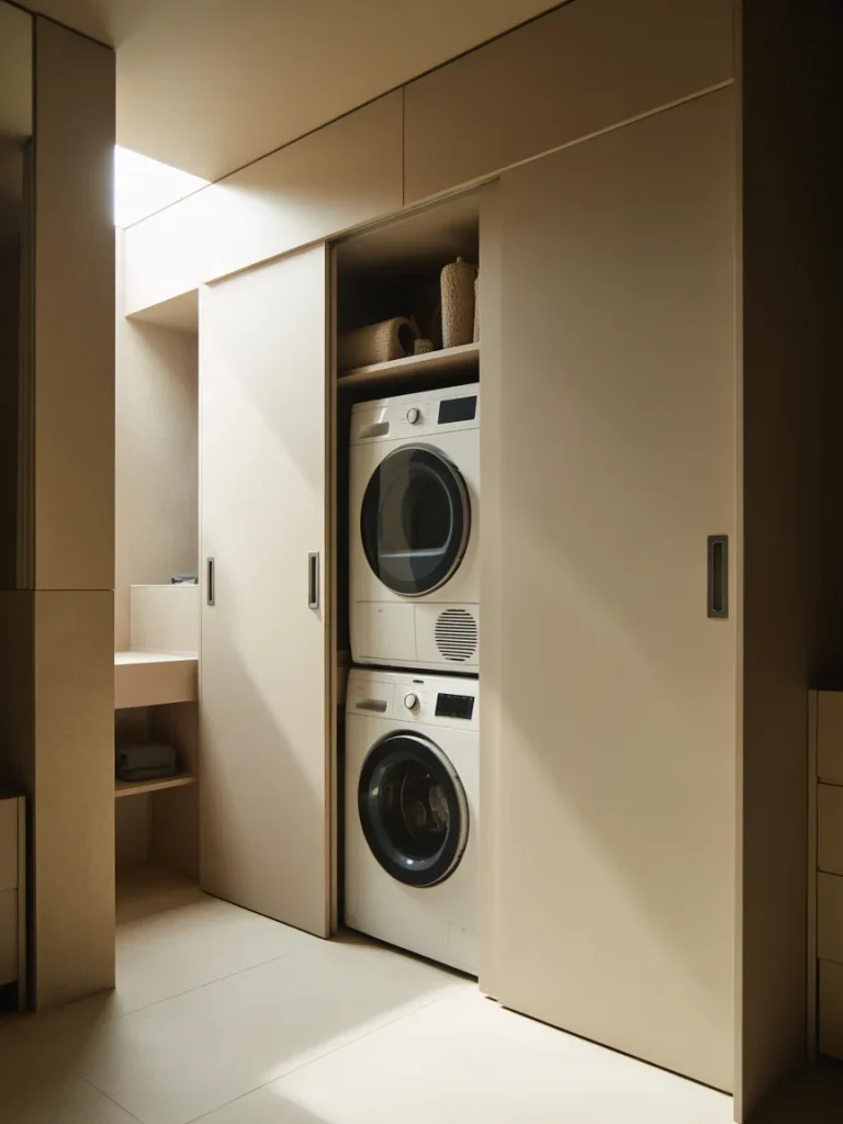 Hidden laundry closet with stacked washer and dryer behind sliding doors.
