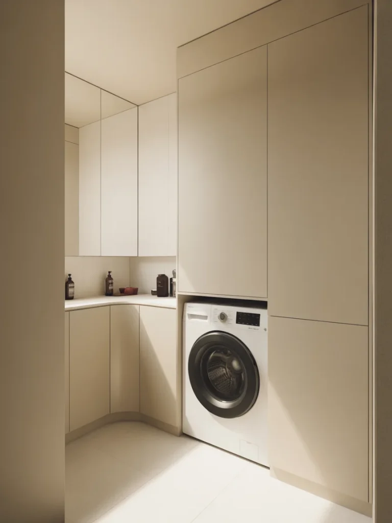 Hidden washer cabinet design in minimalist bathroom with built-in storage.