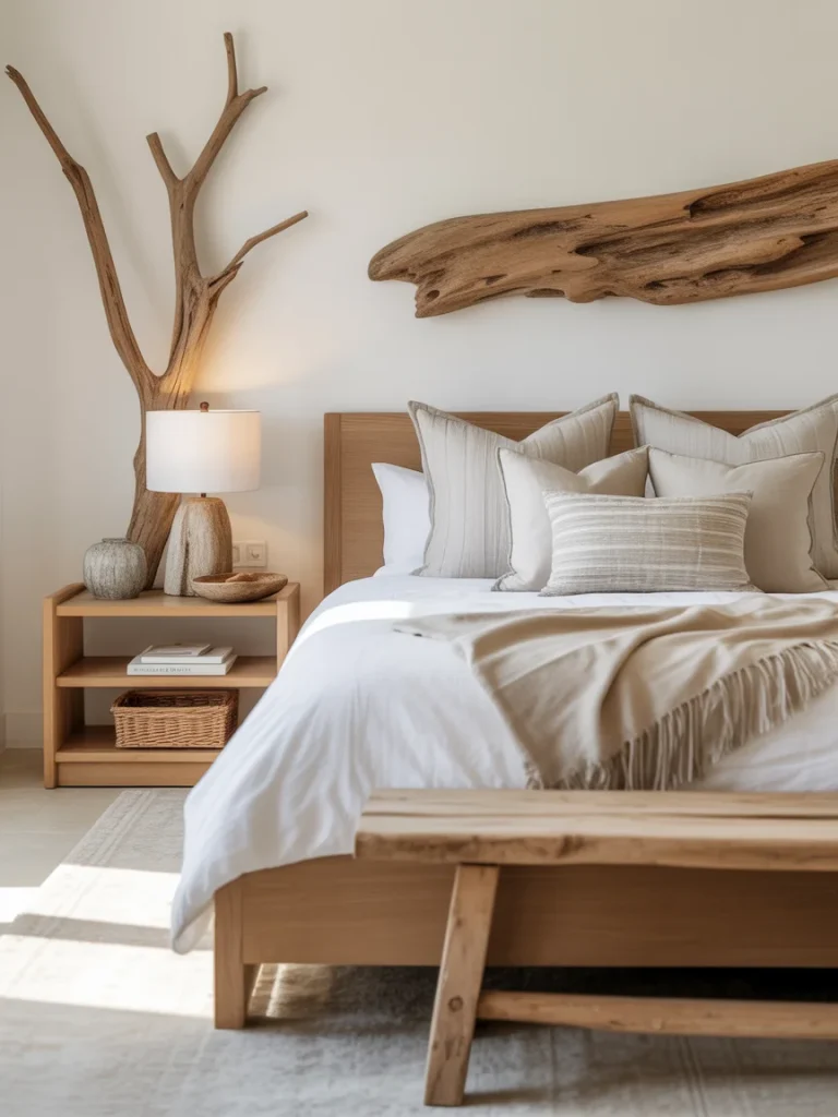 Modern coastal bedroom with natural wood accents and driftwood wall decor.
