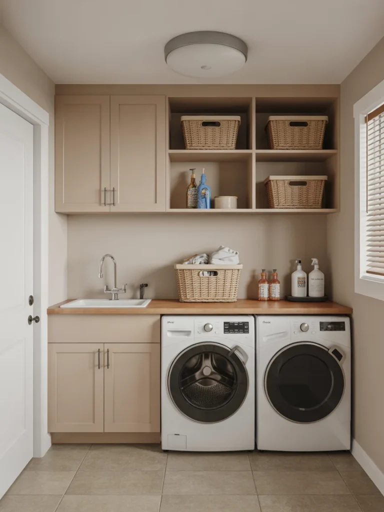 Laundry room with utility sink, washer and dryer, and storage shelves with baskets.