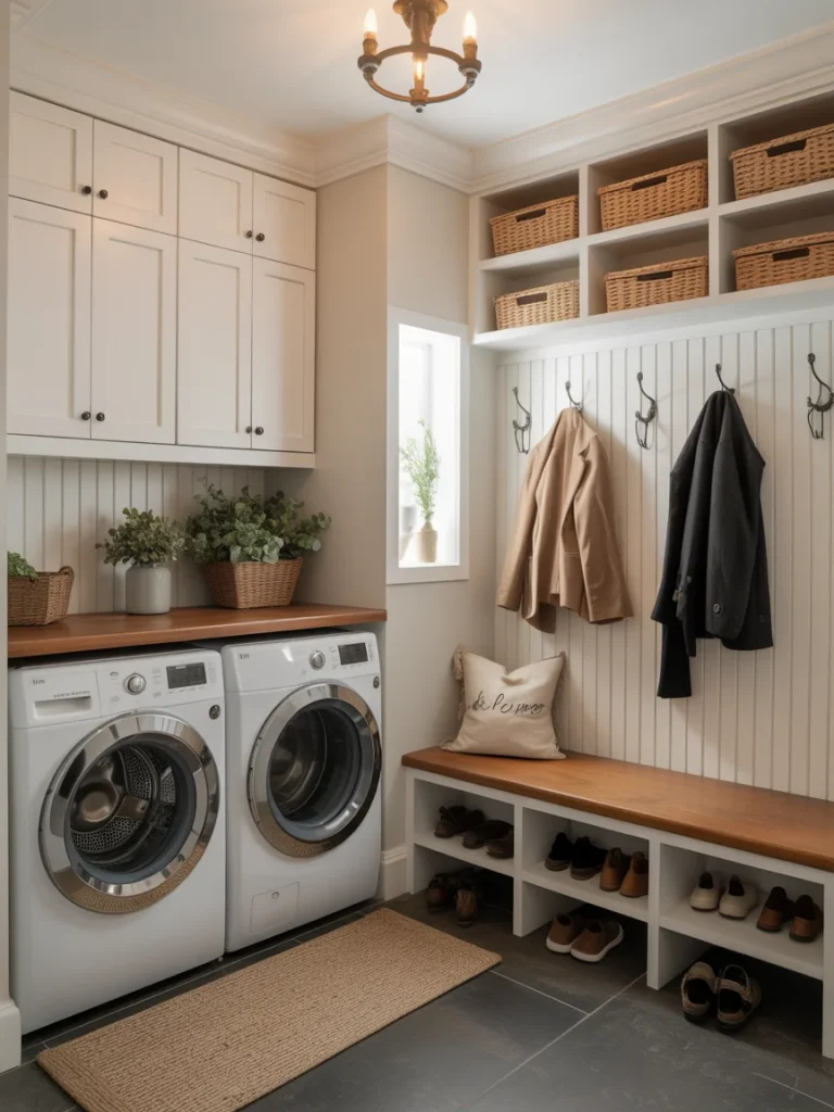 Mudroom laundry room with decorative wall paneling, bench, and washer dryer.