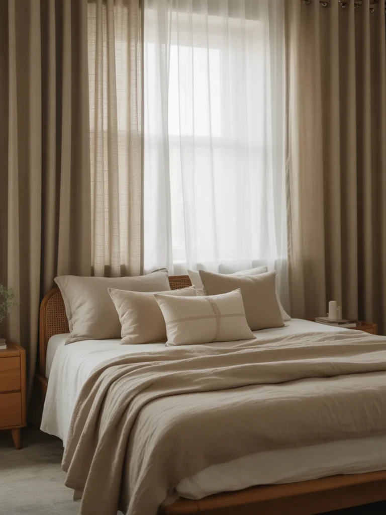 Neutral bedroom with linen curtains, beige bedding, and soft natural decor.
