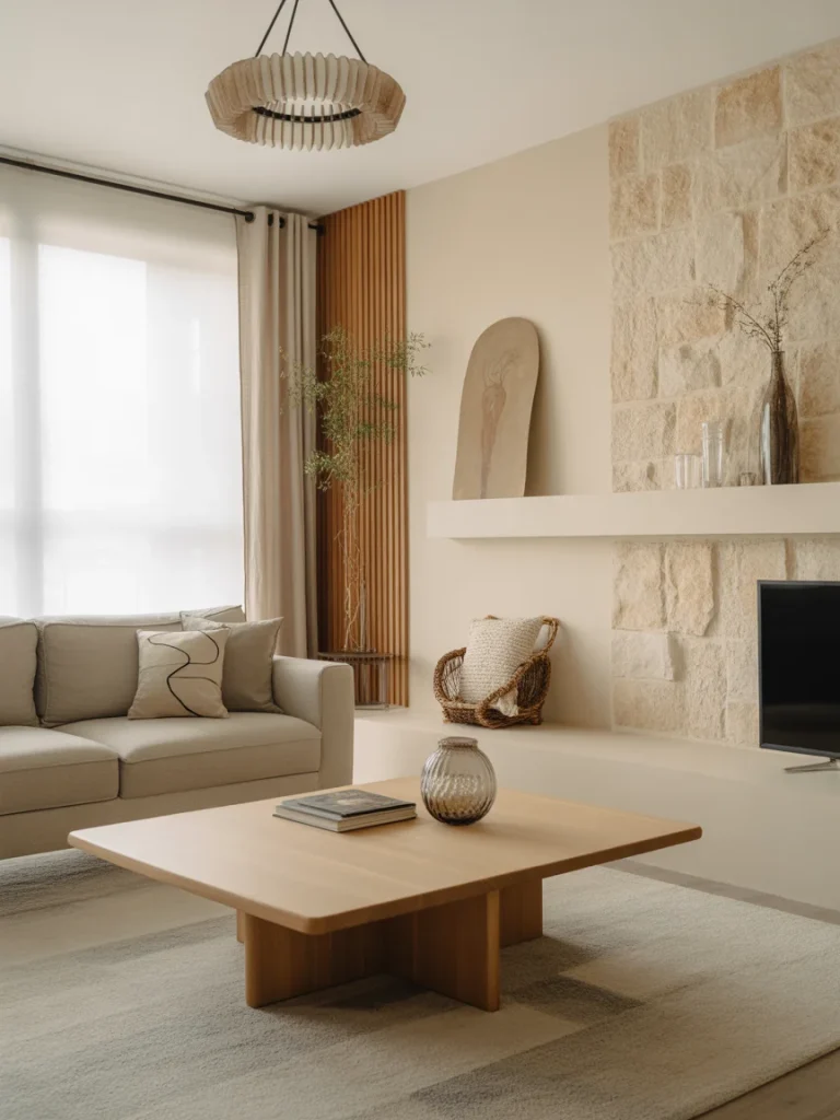 Living room with natural materials, wood furniture, and stone accent wall.