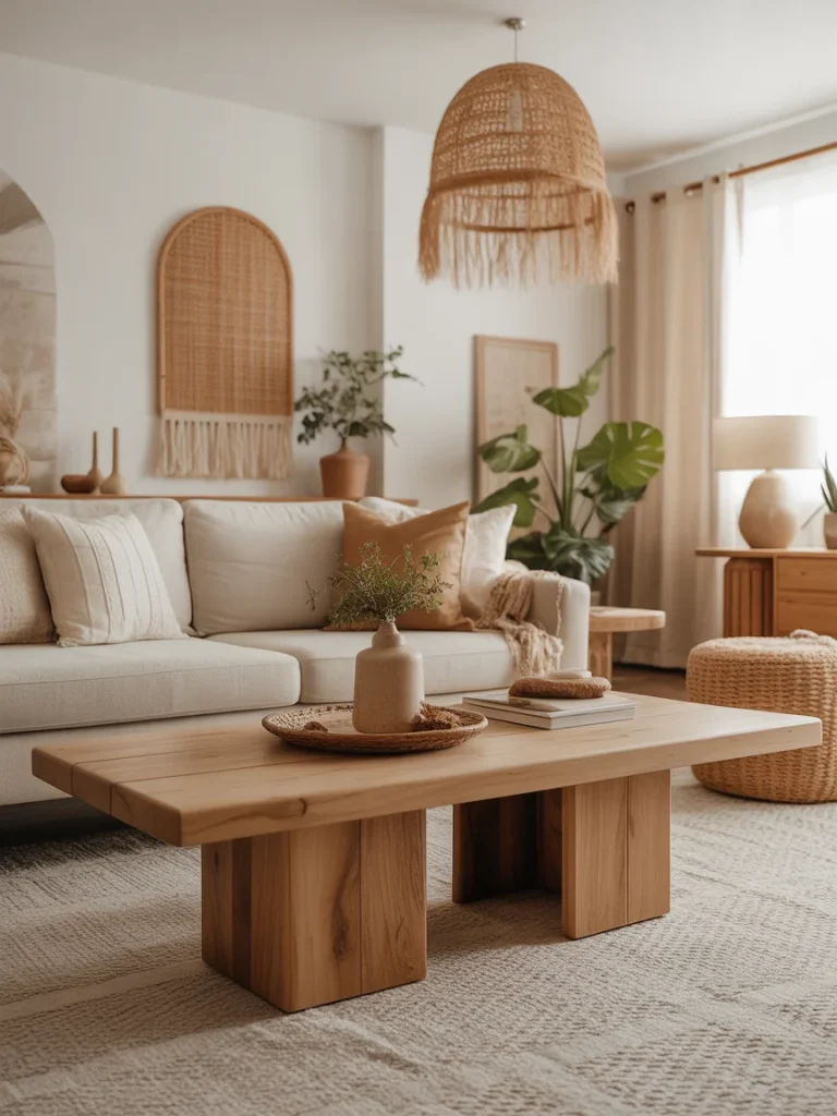 Boho living room with natural wood coffee table and woven decor.
