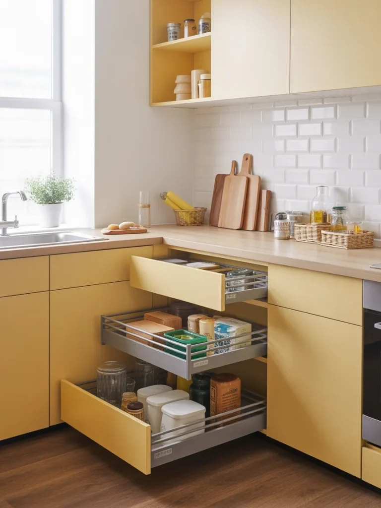 Small kitchen with pull-out storage drawers organizing pantry items efficiently.