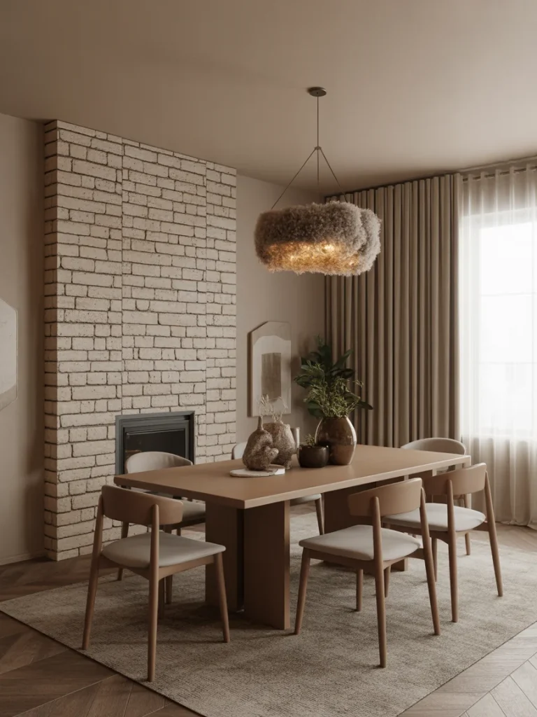 Dining room with brick accent wall and modern rustic furniture.