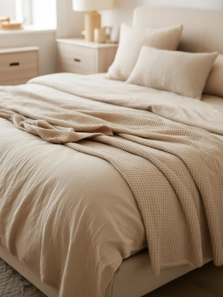 Neutral bedroom with textured layered bedding and soft beige tones.