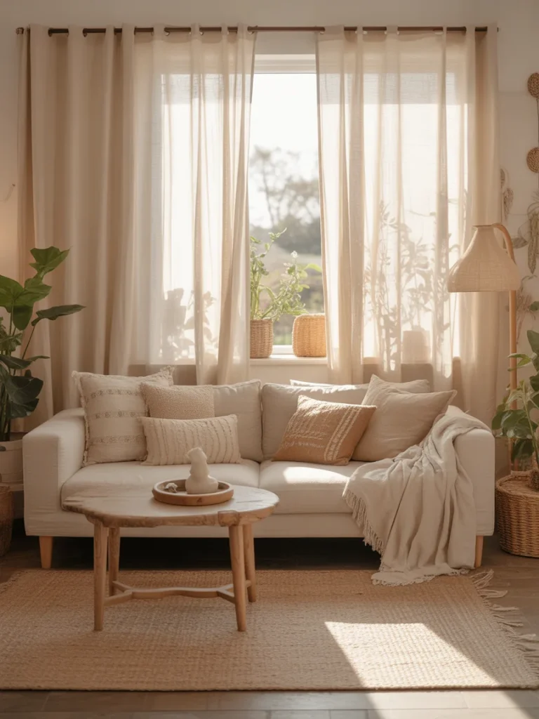 Boho living room with textured neutral curtains and soft natural light.