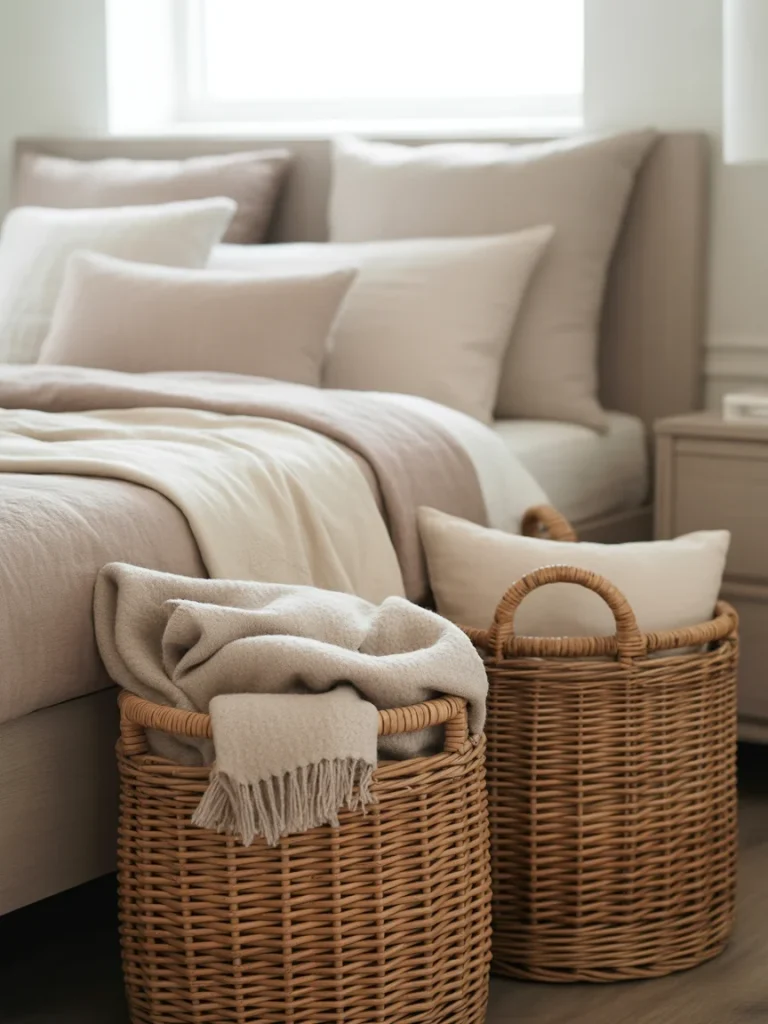 Neutral bedroom with woven baskets holding blankets beside a cozy bed.