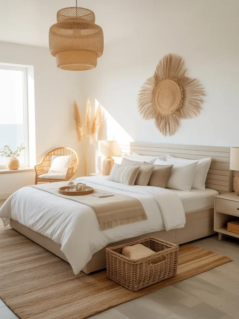Modern coastal bedroom with woven textures, rattan decor, and neutral bedding.